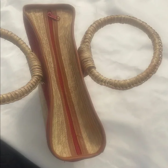 Vibrant Red and Tan Woven Tote with Basket Shape - Picture 3 of 6